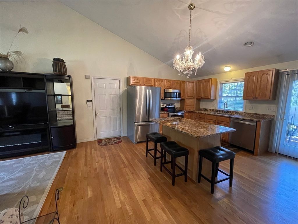 Chandelier, Interior, Kitchen, Stainless Steel Appliances, Wood Texture Flooring