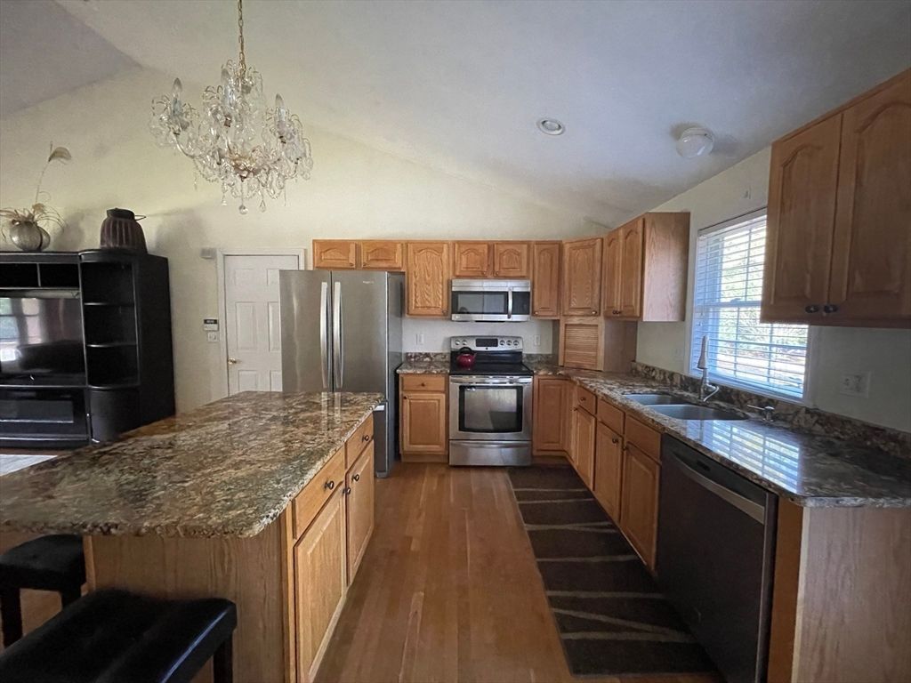 Chandelier, Interior, Kitchen, Recessed Lighting, Stainless Steel Appliances, Wood Texture Flooring
