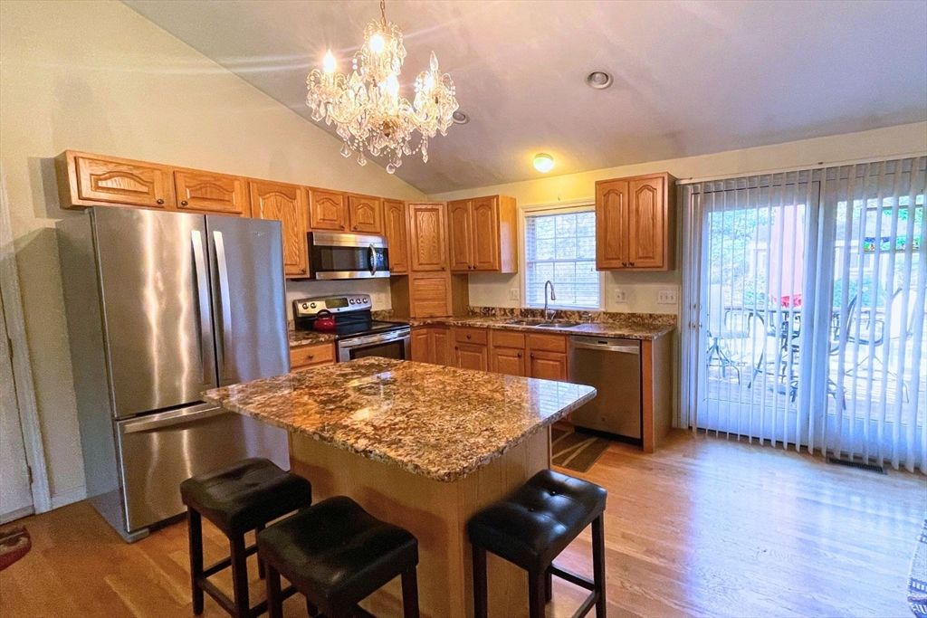 Chandelier, Interior, Kitchen, Stainless Steel Appliances, Wood Texture Flooring
