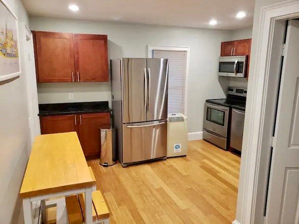 Interior, Kitchen, Recessed Lighting, Stainless Steel Appliances, Wood Texture Flooring
