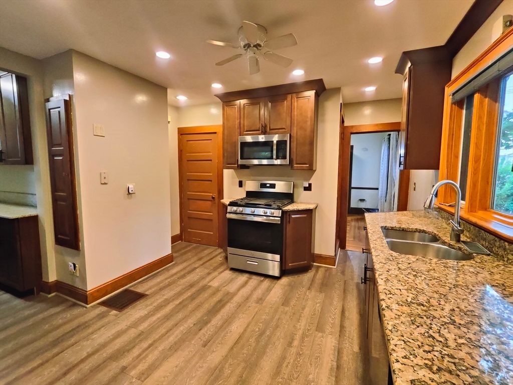 Interior, Kitchen, Recessed Lighting, Stainless Steel Appliances, Wood Texture Flooring