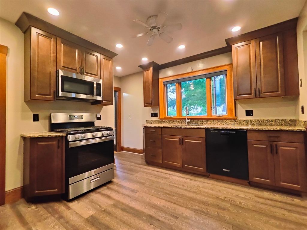 Interior, Kitchen, Recessed Lighting, Stainless Steel Appliances, Wood Texture Flooring