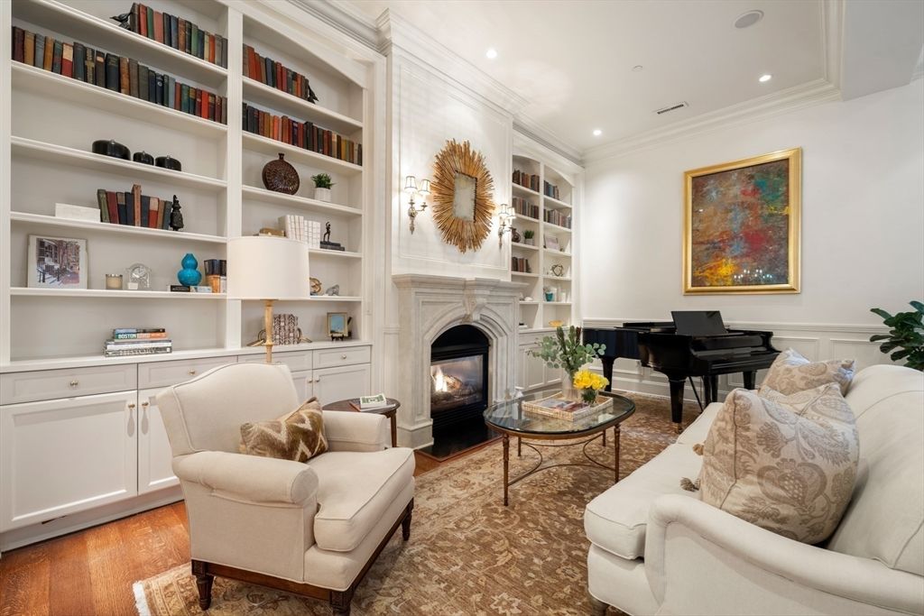 Fireplace, Interior, Living room, Piano, Recessed Lighting, Wood Texture Flooring