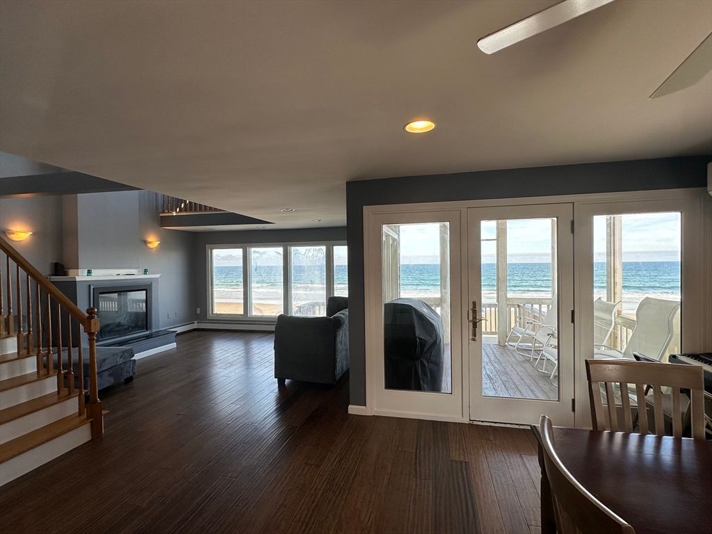 Fireplace, Interior, Recessed Lighting, Water, Wood Texture Flooring