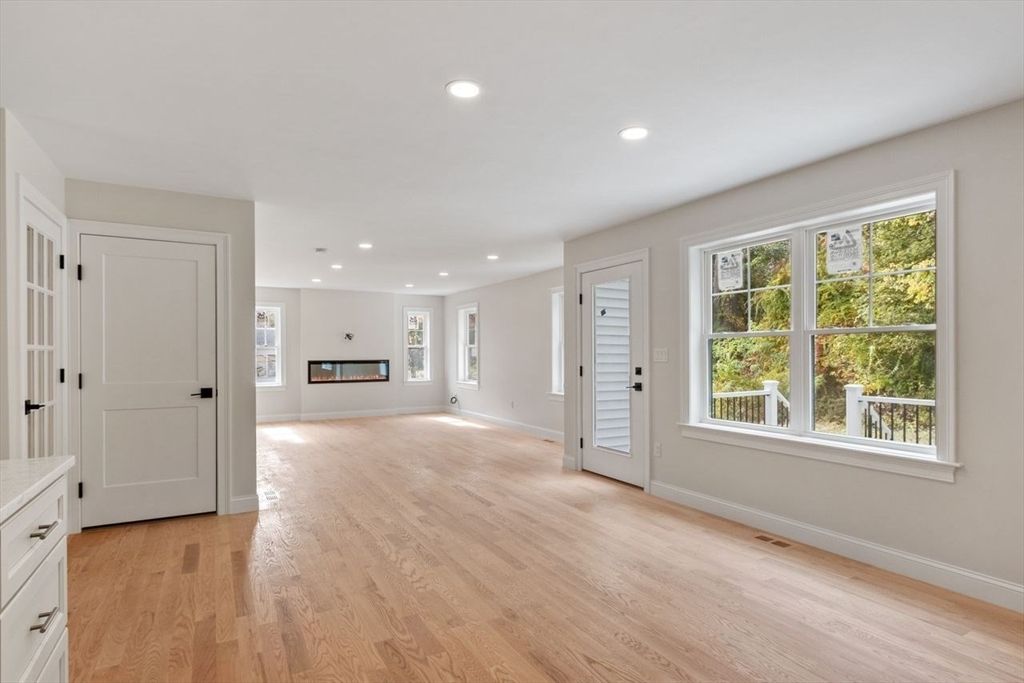 Empty room, Fireplace, Interior, Recessed Lighting, Wood Texture Flooring