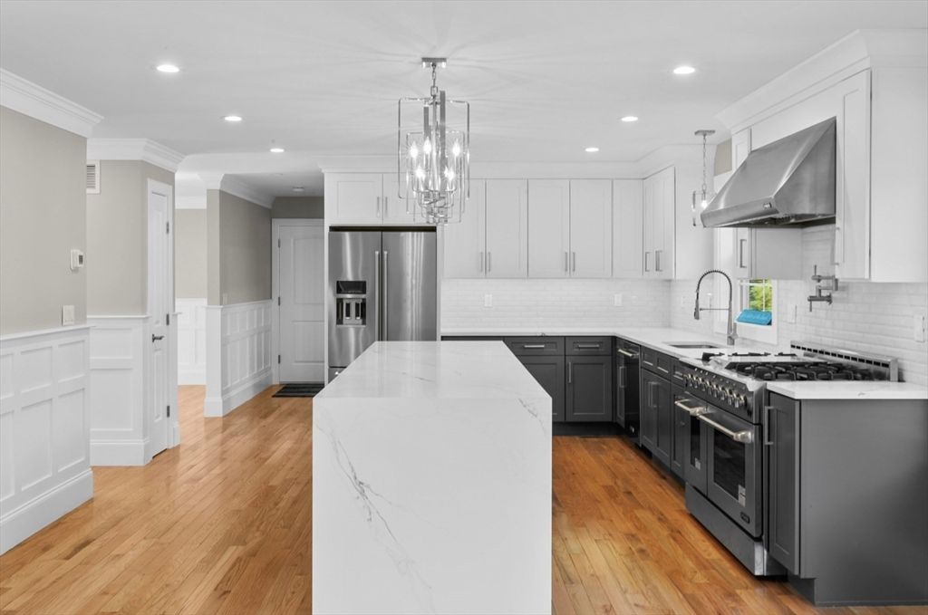 Interior, Kitchen, Pendant Lights, Recessed Lighting, Stainless Steel Appliances, Wood Texture Flooring