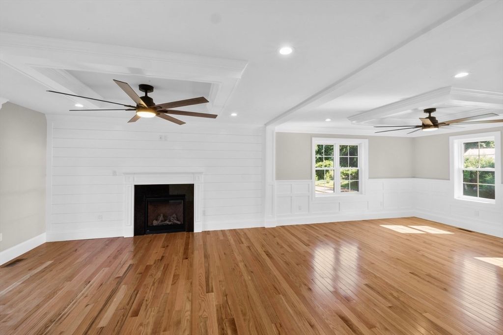 Empty room, Fireplace, Interior, Recessed Lighting, Wood Texture Flooring