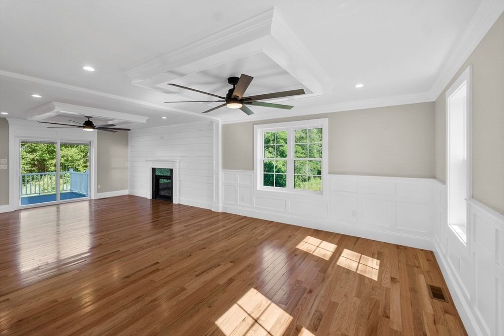 Empty room, Fireplace, Interior, Recessed Lighting, Wood Texture Flooring