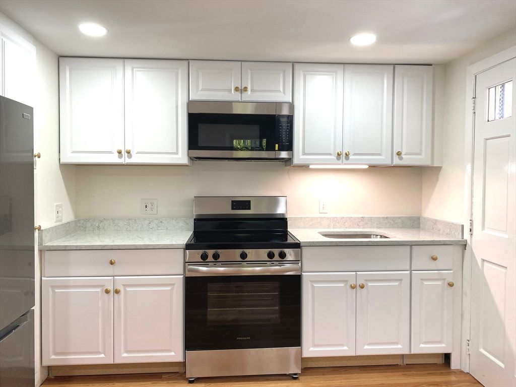 Interior, Kitchen, Recessed Lighting, Stainless Steel Appliances, Wood Texture Flooring