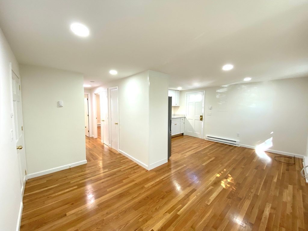 Empty room, Interior, Kitchen, Recessed Lighting, Wood Texture Flooring