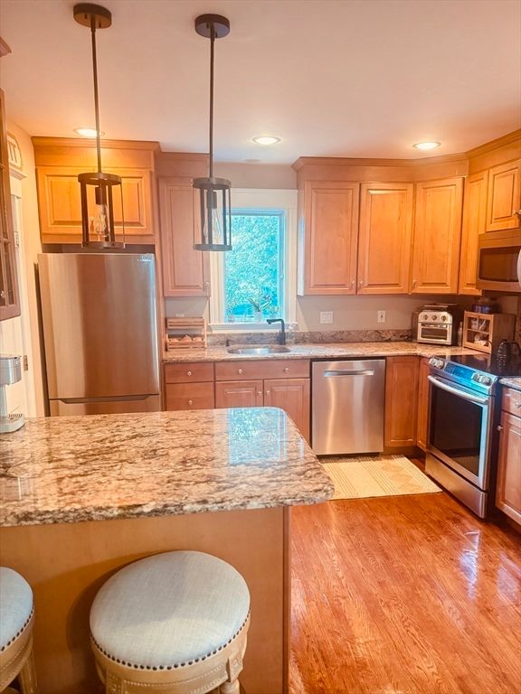 Interior, Kitchen, Pendant Lights, Recessed Lighting, Stainless Steel Appliances, Wood Texture Flooring