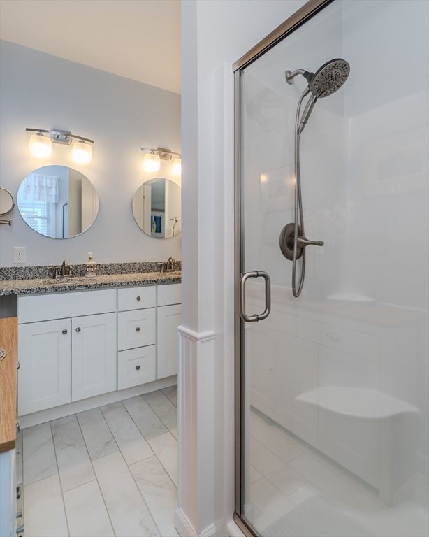 Bathroom, Dual Sink Vanities, Glass Shower, Interior, Marble