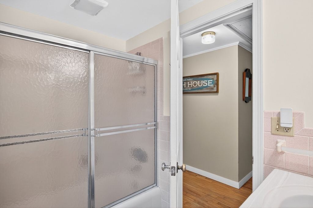 Bathroom, Glass Shower, Interior, Wood Texture Flooring