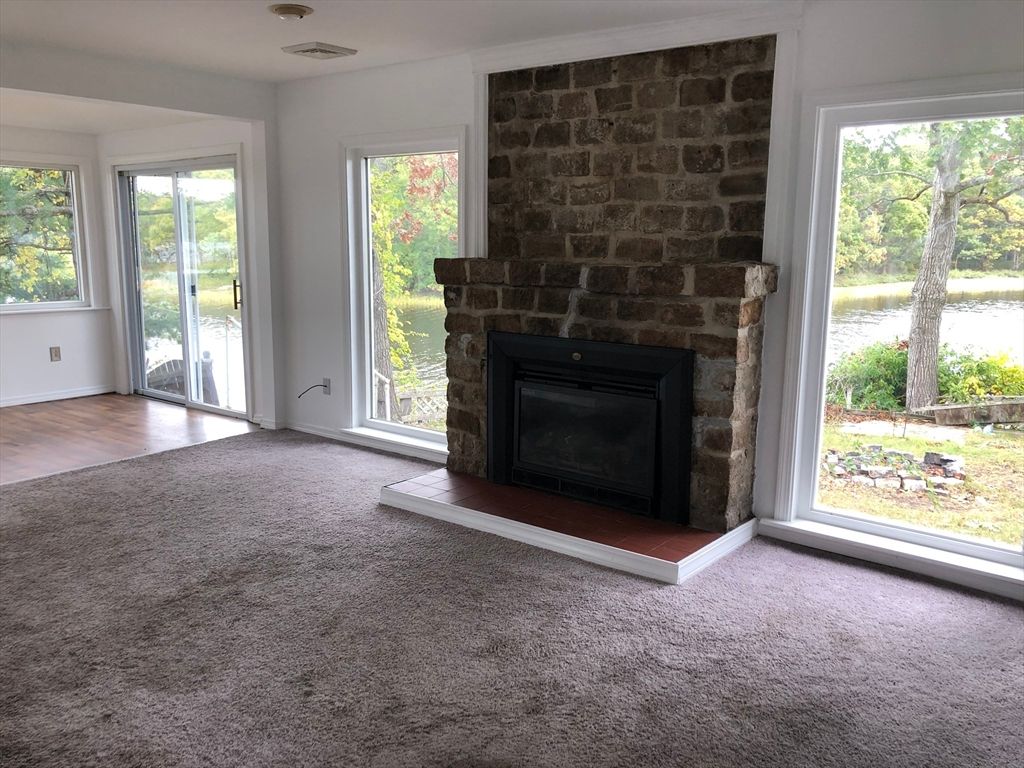 Empty room, Fireplace, Interior, Stone Walls, Wood Texture Flooring