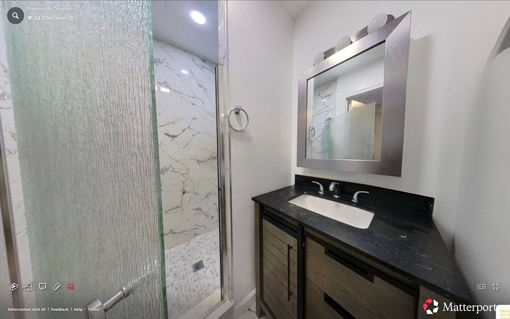 Bathroom, Glass Shower, Interior, Marble Walls, Recessed Lighting