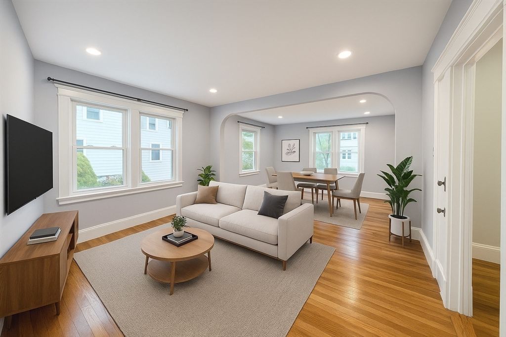 Dining room, Interior, Living room, Recessed Lighting, Wood Texture Flooring