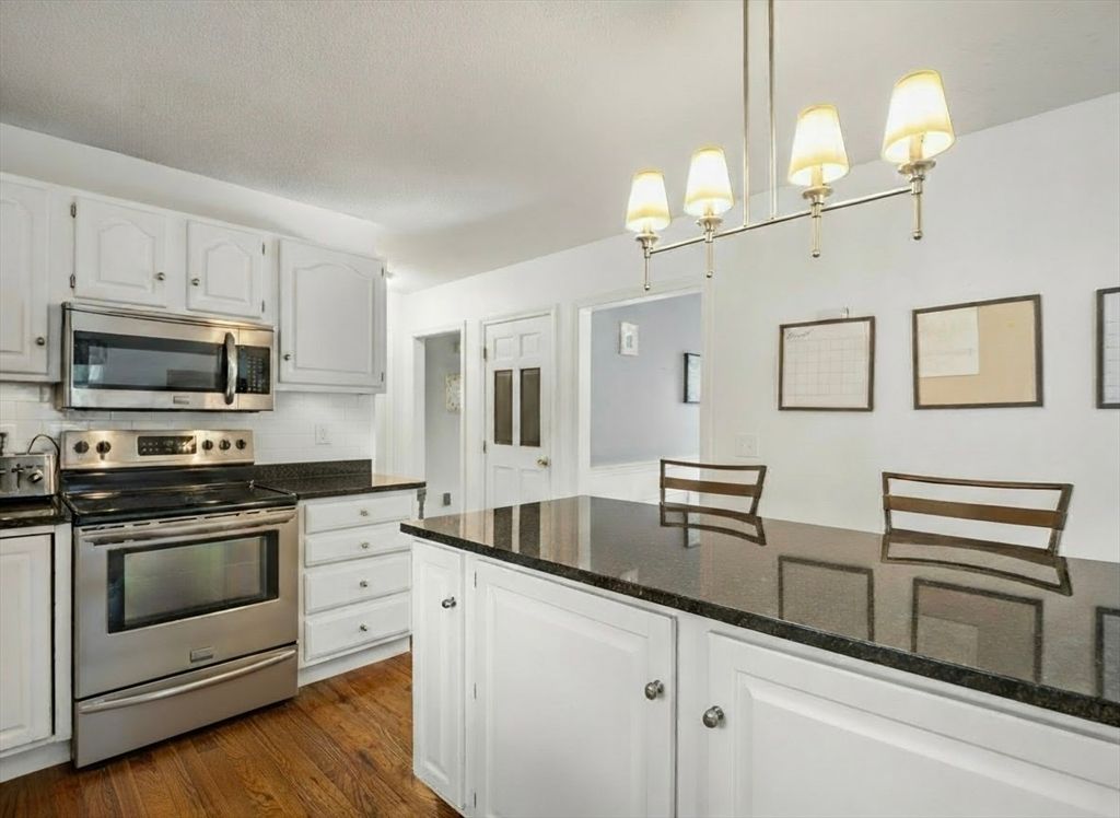 Chandelier, Interior, Kitchen, Stainless Steel Appliances, Wood Texture Flooring