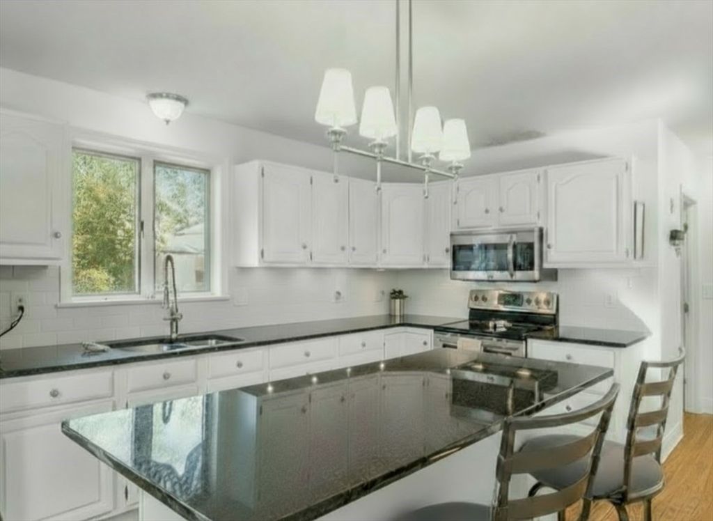Chandelier, Interior, Kitchen, Pendant Lights, Stainless Steel Appliances, Wood Texture Flooring