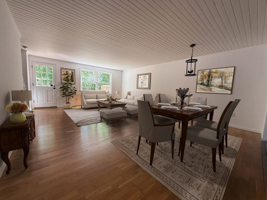 Dining room, Interior, Living room, Pendant Lights, Wood Texture Flooring