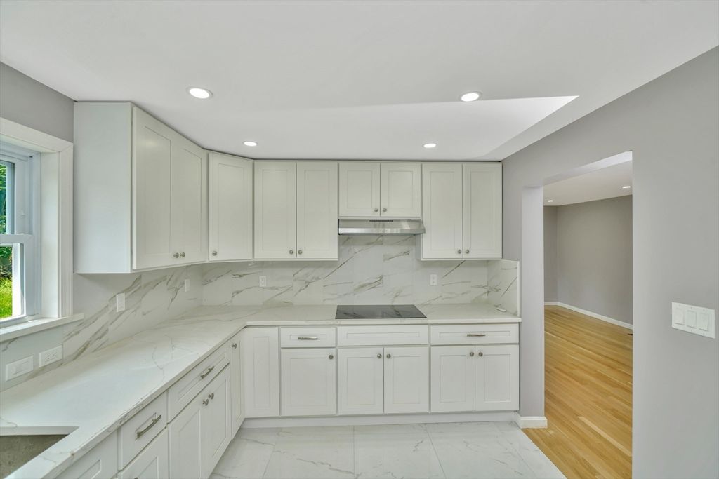 Interior, Kitchen, Marble, Marble Walls, Recessed Lighting, Wood Texture Flooring