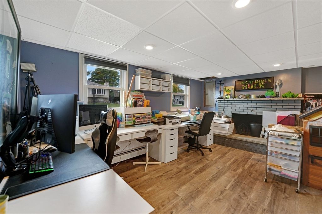 Fireplace, Home Office, Interior, Recessed Lighting, Wood Texture Flooring