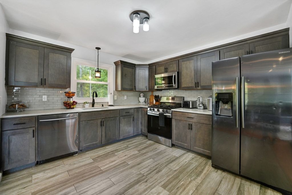 Interior, Kitchen, Pendant Lights, Stainless Steel Appliances, Wood Texture Flooring