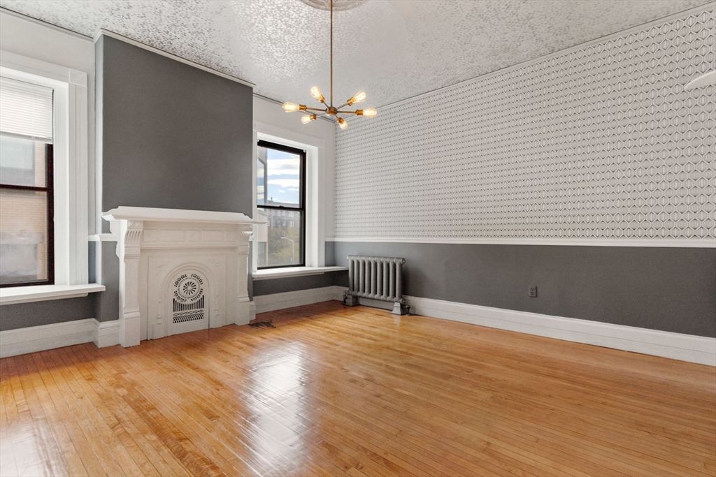 Empty room, Fireplace, Interior, Pendant Lights, Wood Texture Flooring