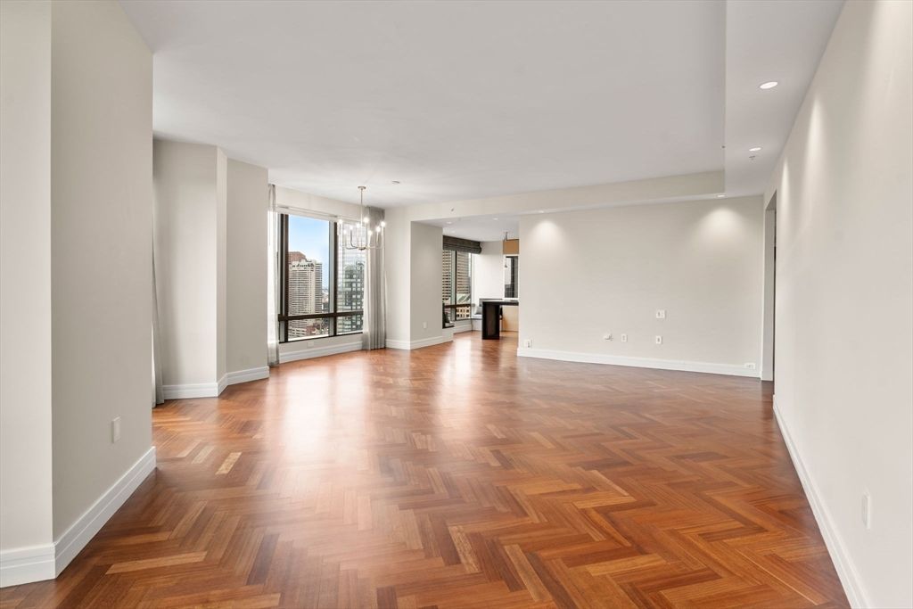 Chandelier, Empty room, Interior, Recessed Lighting, Wood Texture Flooring