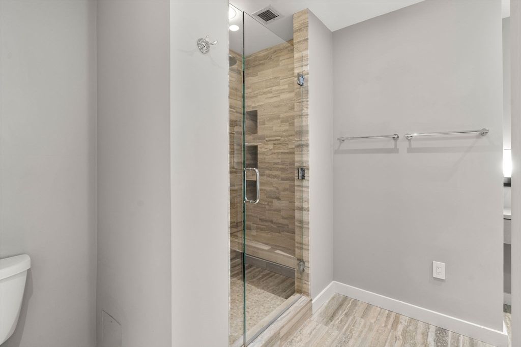 Bathroom, Glass Shower, Interior, Wood Texture Flooring