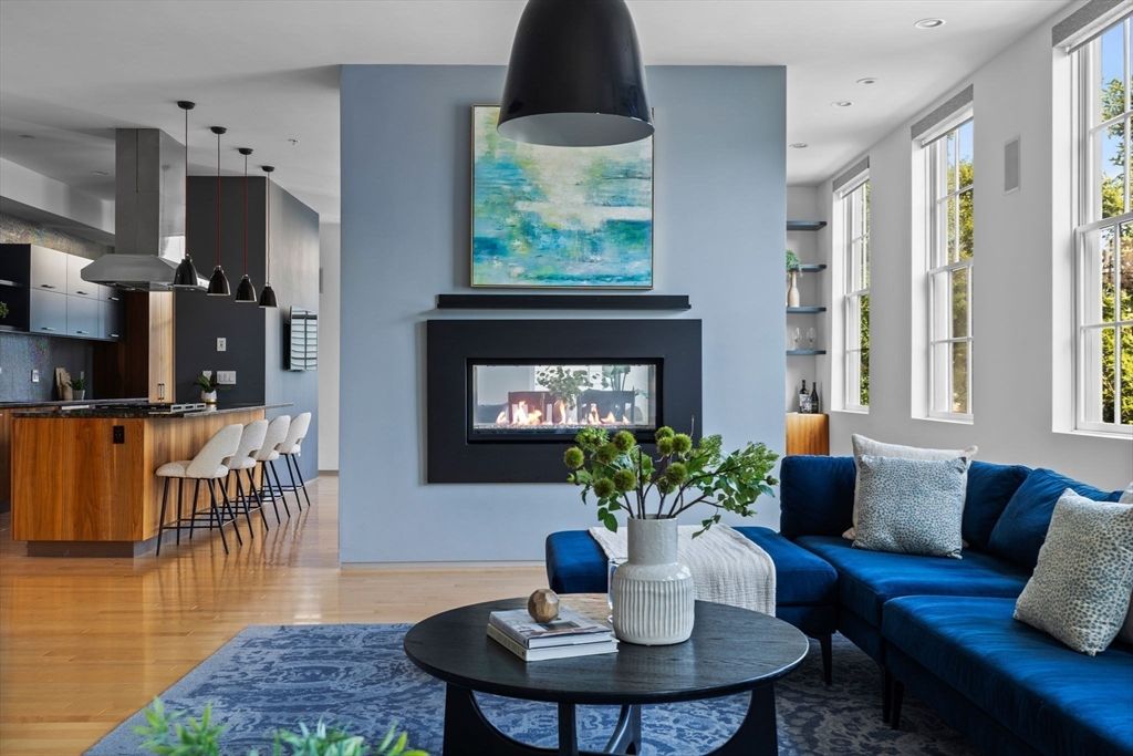 Fireplace, Interior, Kitchen, Living room, Pendant Lights, Recessed Lighting, Wood Texture Flooring