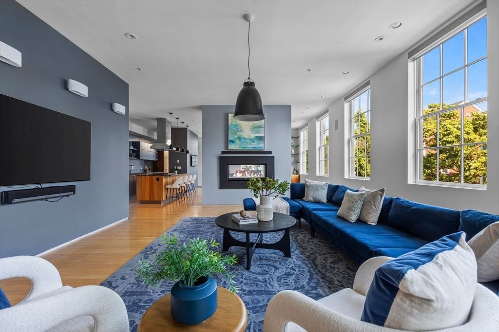 Fireplace, Interior, Kitchen, Living room, Pendant Lights, Recessed Lighting, Wood Texture Flooring