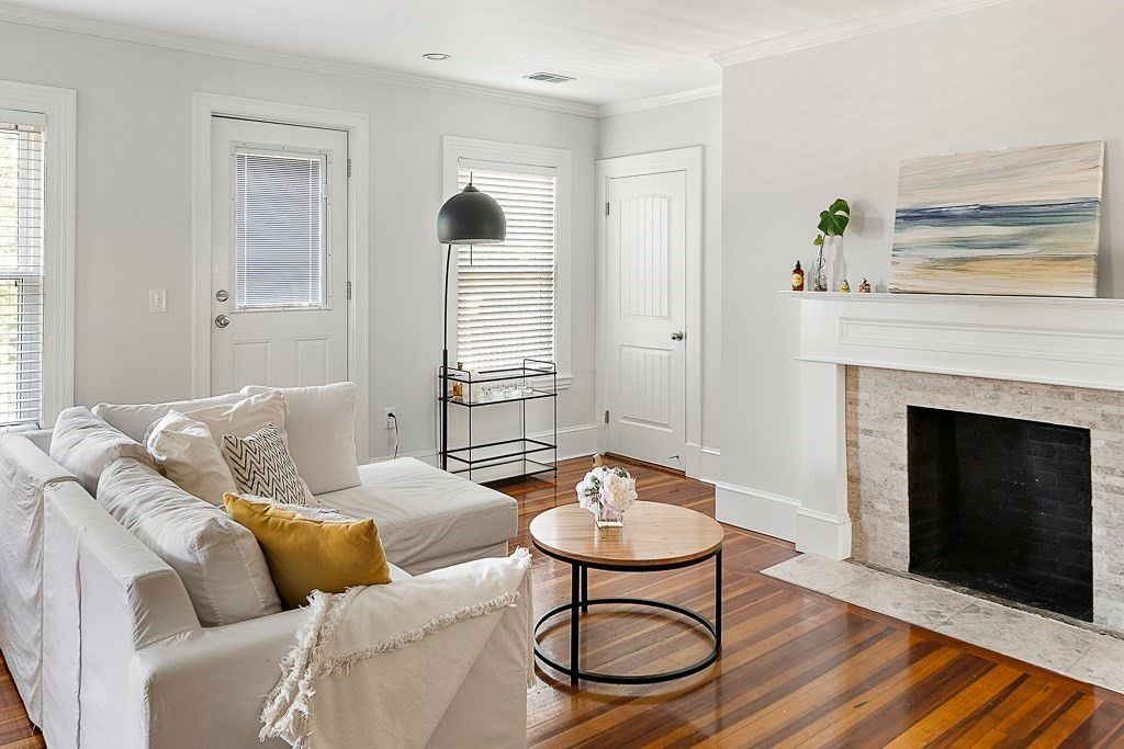 Fireplace, Interior, Living room, Recessed Lighting, Wood Texture Flooring