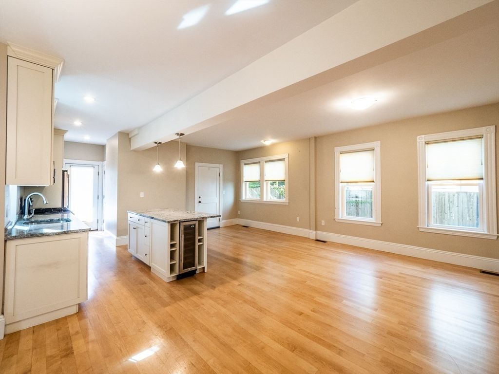 Empty room, Interior, Kitchen, Pendant Lights, Recessed Lighting, Wood Texture Flooring