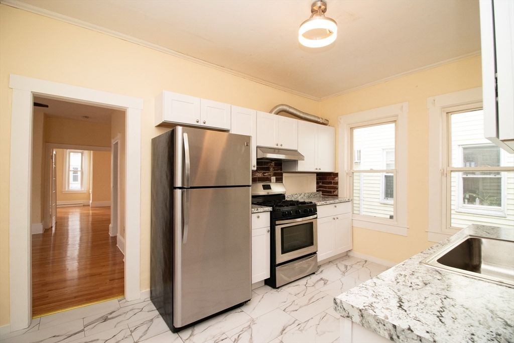 Interior, Kitchen, Marble, Stainless Steel Appliances, Wood Texture Flooring