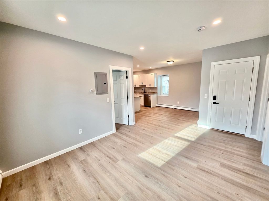 Empty room, Interior, Kitchen, Recessed Lighting, Wood Texture Flooring