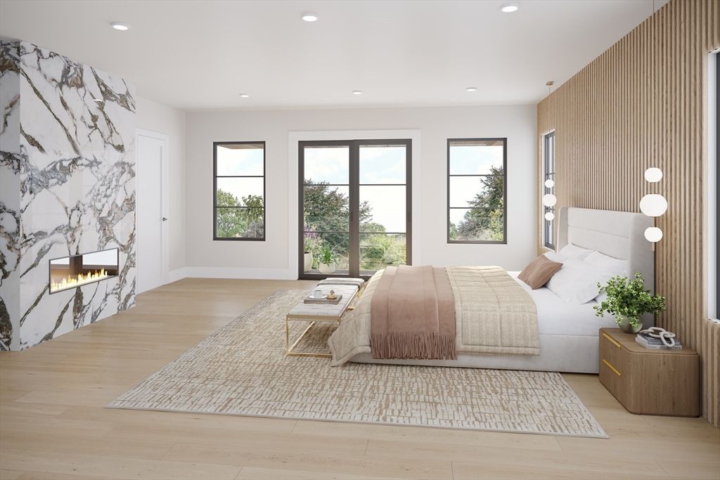 Bedroom, Fireplace, Interior, Recessed Lighting, Wood Texture Flooring