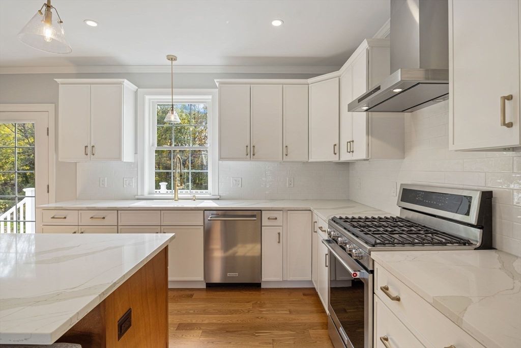 Interior, Kitchen, Pendant Lights, Recessed Lighting, Stainless Steel Appliances, Wood Texture Flooring