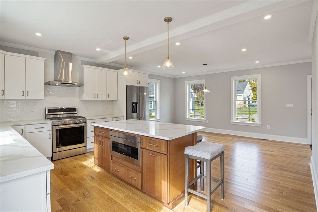 Interior, Kitchen, Pendant Lights, Recessed Lighting, Stainless Steel Appliances, Wood Texture Flooring