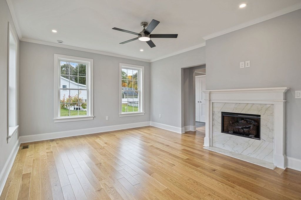Empty room, Fireplace, Interior, Recessed Lighting, Wood Texture Flooring