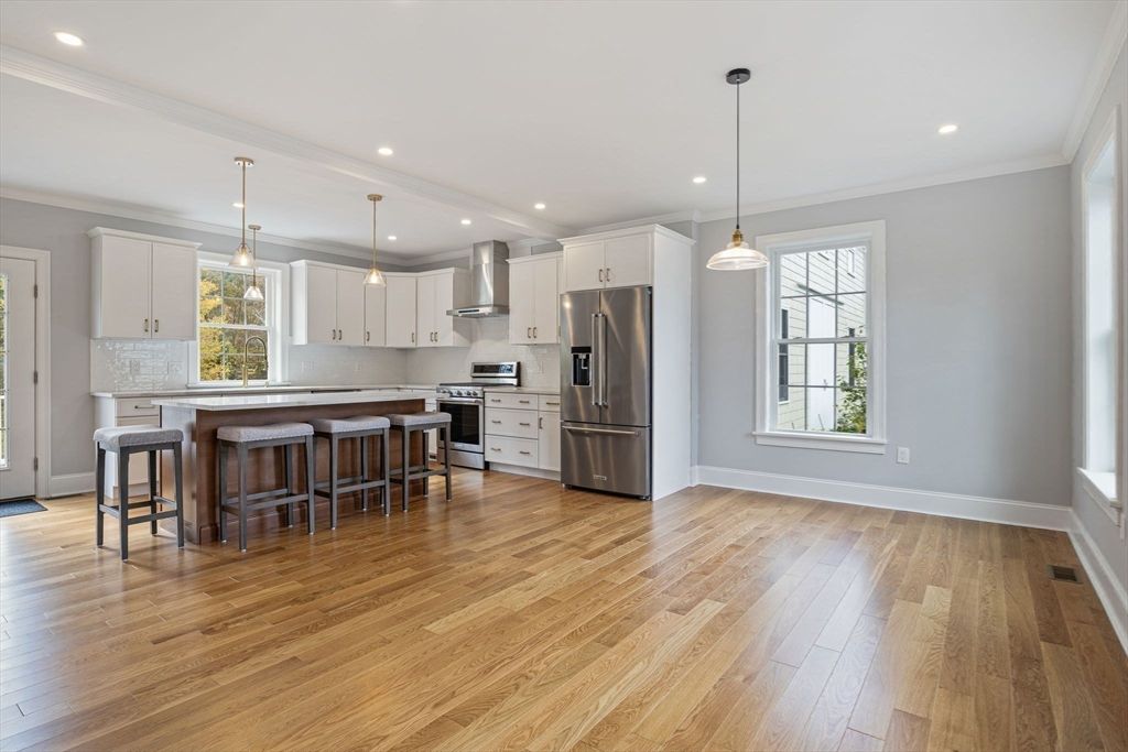 Interior, Kitchen, Pendant Lights, Recessed Lighting, Stainless Steel Appliances, Wood Texture Flooring