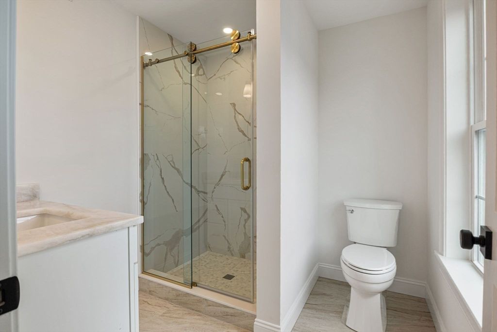 Bathroom, Glass Shower, Interior, Marble Walls, Wood Texture Flooring