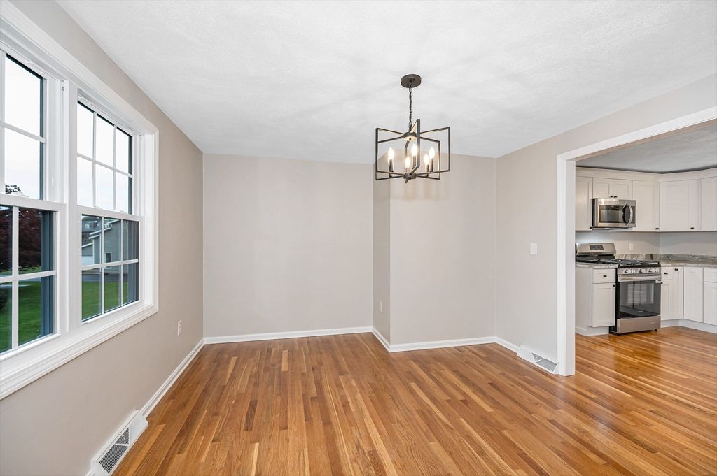 Chandelier, Empty room, Interior, Kitchen, Pendant Lights, Stainless Steel Appliances, Wood Texture Flooring