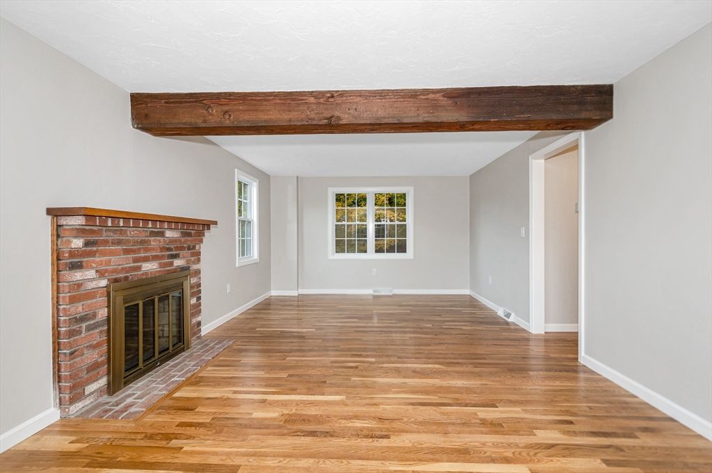 Empty room, Fireplace, Interior, Wooden Beams, Wood Texture Flooring