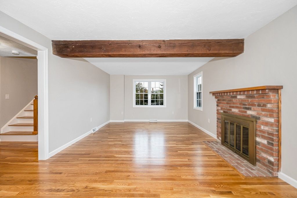 Empty room, Fireplace, Interior, Wooden Beams, Wood Texture Flooring