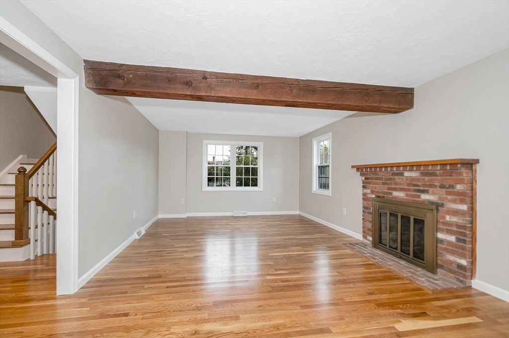 Empty room, Fireplace, Interior, Wooden Beams, Wood Texture Flooring