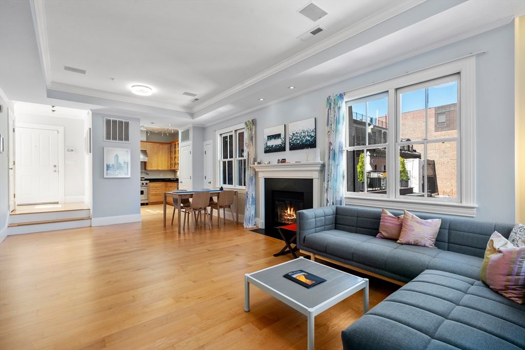 Dining room, Fireplace, Interior, Living room, Recessed Lighting, Wood Texture Flooring