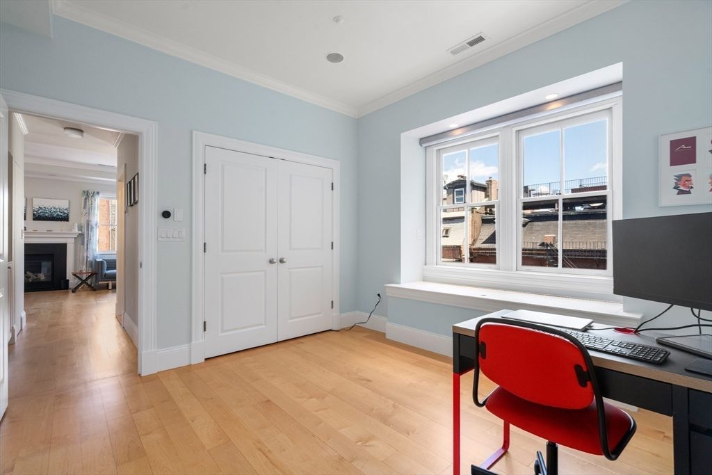 Fireplace, Home Office, Interior, Recessed Lighting, Wood Texture Flooring