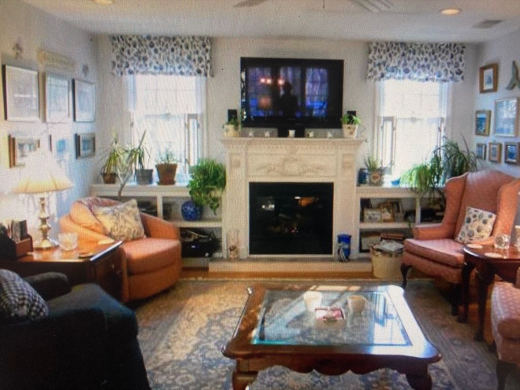 Fireplace, Interior, Living room, Recessed Lighting, Wood Texture Flooring