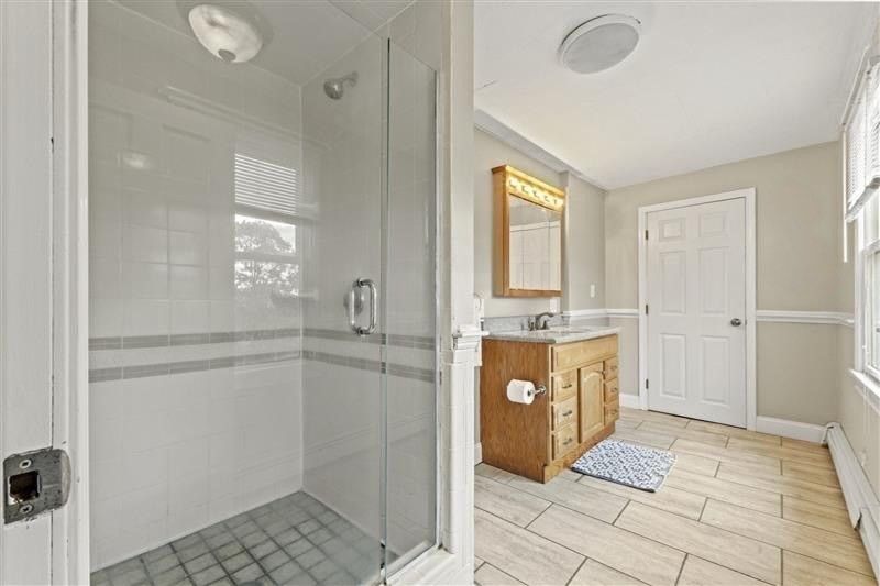 Bathroom, Glass Shower, Interior, Wood Texture Flooring