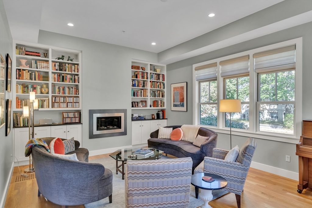 Fireplace, Interior, Living room, Recessed Lighting, Wood Texture Flooring